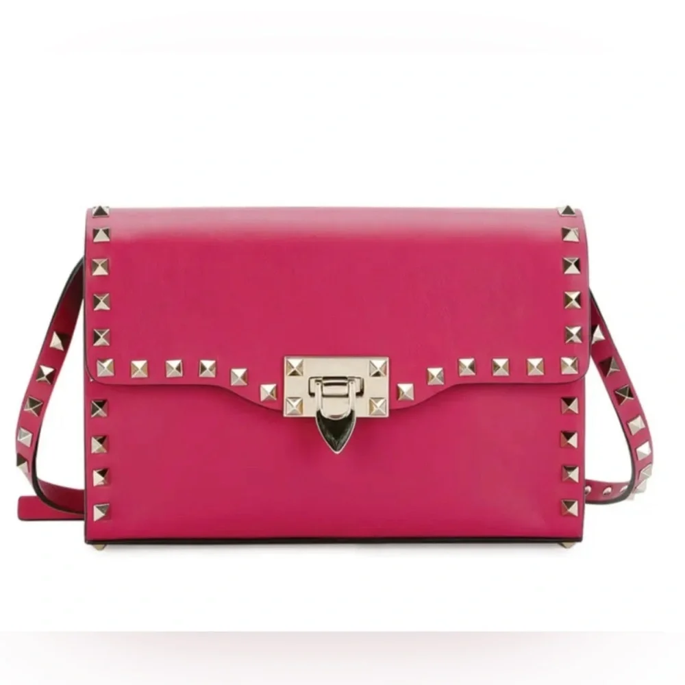 VALENTINO GARAVANI Fuschia Pink Leather Gold Rockstud Shoulder Crossbody Bag - Picture 5 of 16